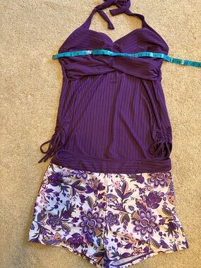 Tankini Womens Bathing Suit Set Purple Floral Top & Bottoms L